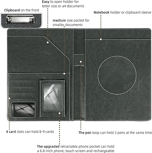 Miniatura 4 de Padfolio de cuero con portapapeles folio folios para mujeres carpeta brillante negro con bloc de notas