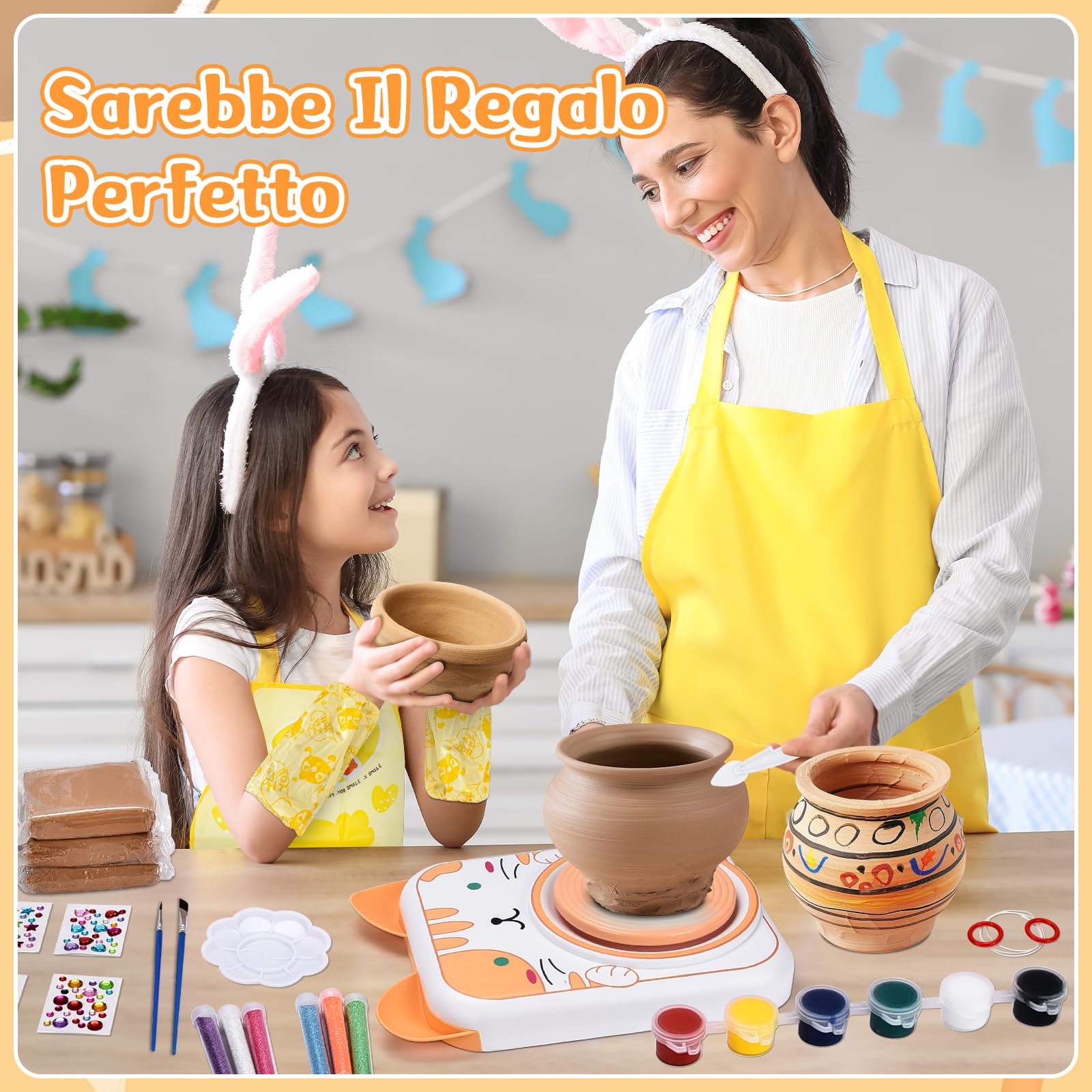 IEEILULU Ruota per Ceramica per Bambini, Kit Ruota in Ceramica Elettrica, Macchina per Ceramica con Argilla, Colori, Adesivi Diamantati, Regalo per Ragazze e Ragazzi (Gatto)