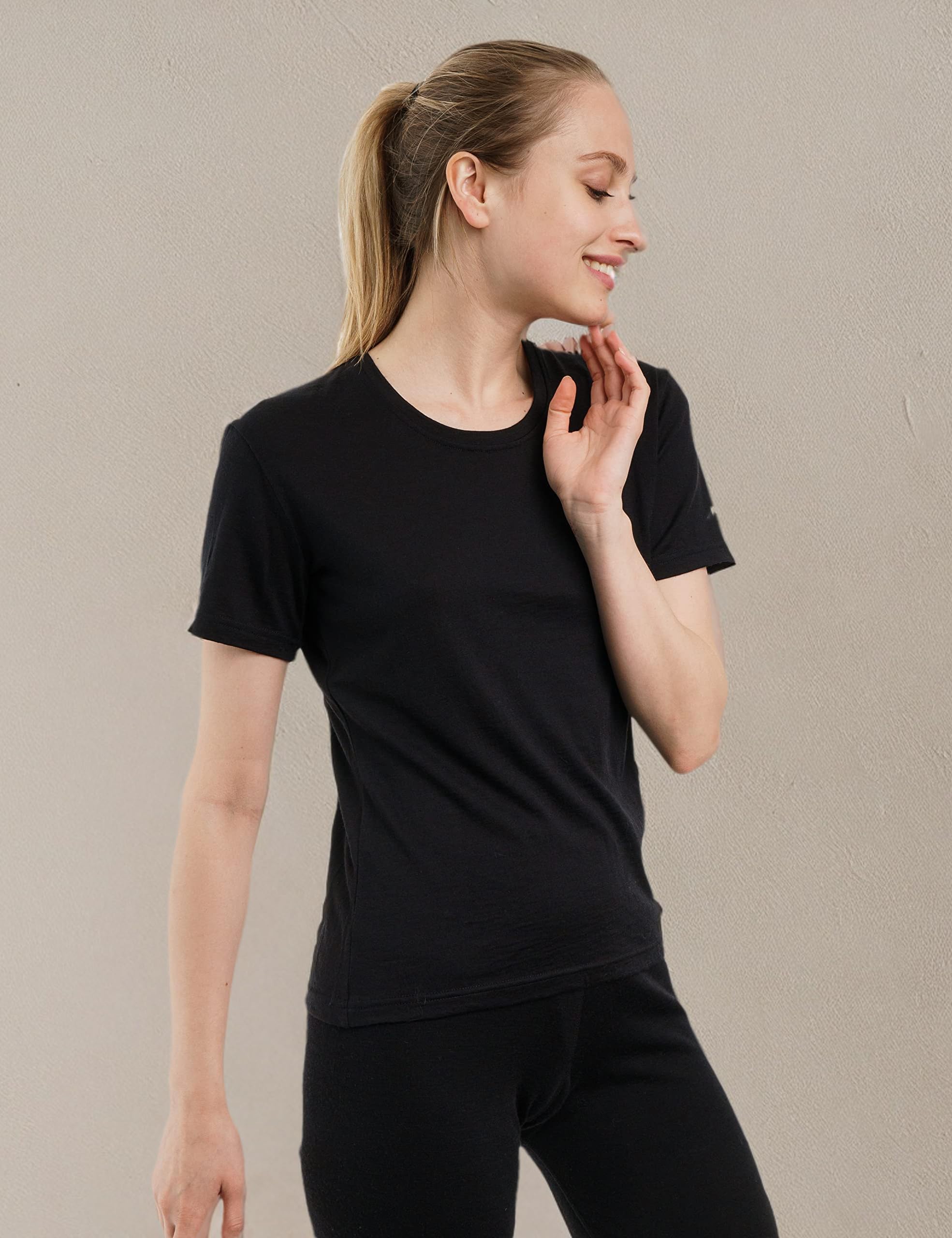 Merino Damen Shirt Kurzarm (XL, Solid Black)