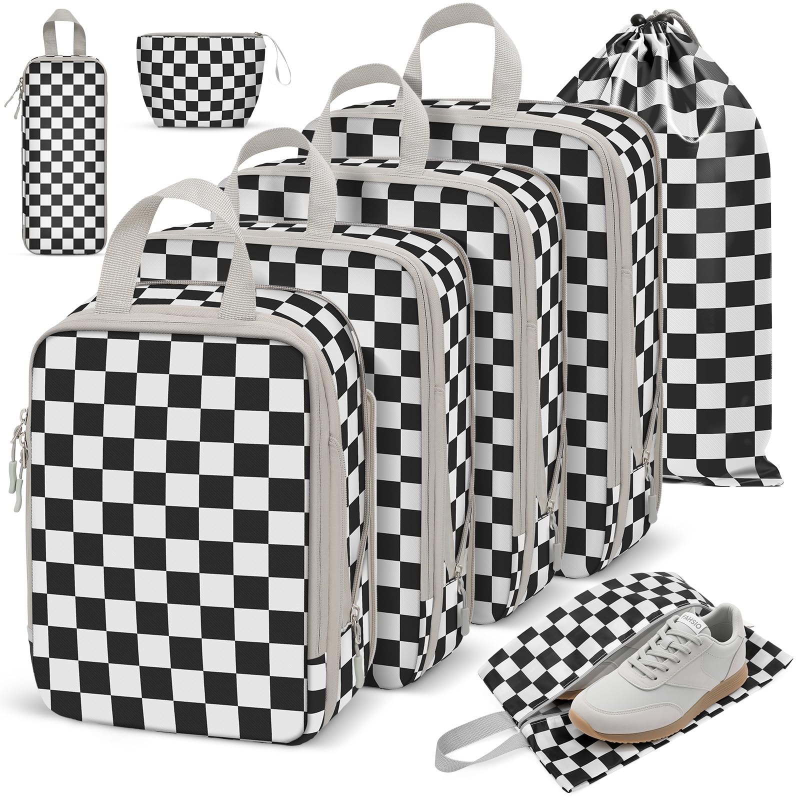 Packing Cubes Compression - Set di 8 sacchetti a compressione, impermeabili, a compressione, per zaino e valigia, organizer da viaggio