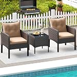 HAPPYGRILL 3 Piece Patio Bistro Set Rattan Wicker Outdoor Conversation Set with Cushions and Coffee Table, Outside Furniture with Rattan Chairs for Porch, Balcony, Deck and Garden (Beige)