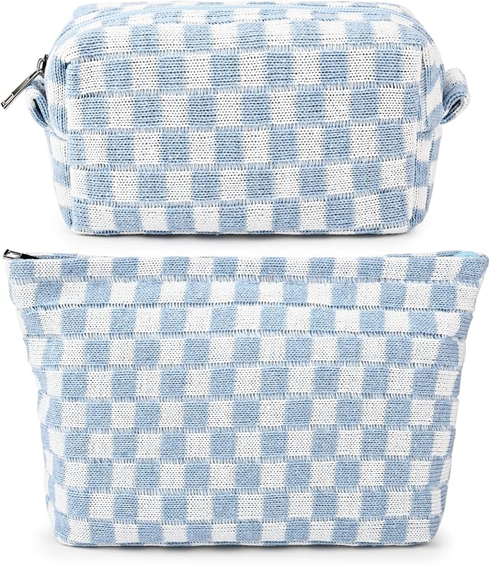 SOIDRAM 2 Necessaires de Maquiagem em Canvas de Algodão, Padrão Xadrez Azul, com Zíper