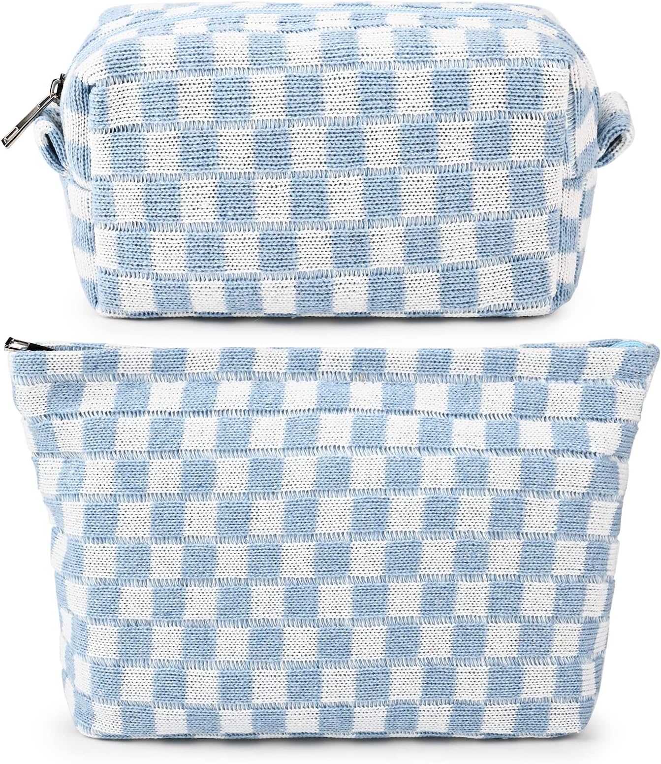 SOIDRAM 2 Pieces Makeup Bag Large Checkered Cosmetic Bag Capacity Canvas Mix Travel Toiletry Bag Organizer Cute Makeup Brushes Aesthetic Accessories Storage Bag for Women, Checkered Mix Blue