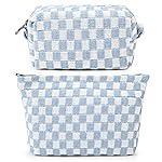 SOIDRAM 2 Pieces Makeup Bag Large Checkered Cosmetic Bag Capacity Canvas Mix Travel Toiletry Bag Organizer Cute Makeup Brushes Aesthetic Accessories Storage Bag for Women, Checkered Mix Blue