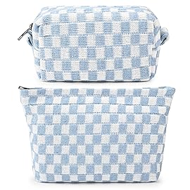 SOIDRAM 2 Pieces Makeup Bag Large Checkered Cosmetic Bag Capacity Canvas Mix Travel Toiletry Bag Organizer Cute Makeup Brushes Aesthetic Accessories Storage Bag for Women, Checkered Mix Blue