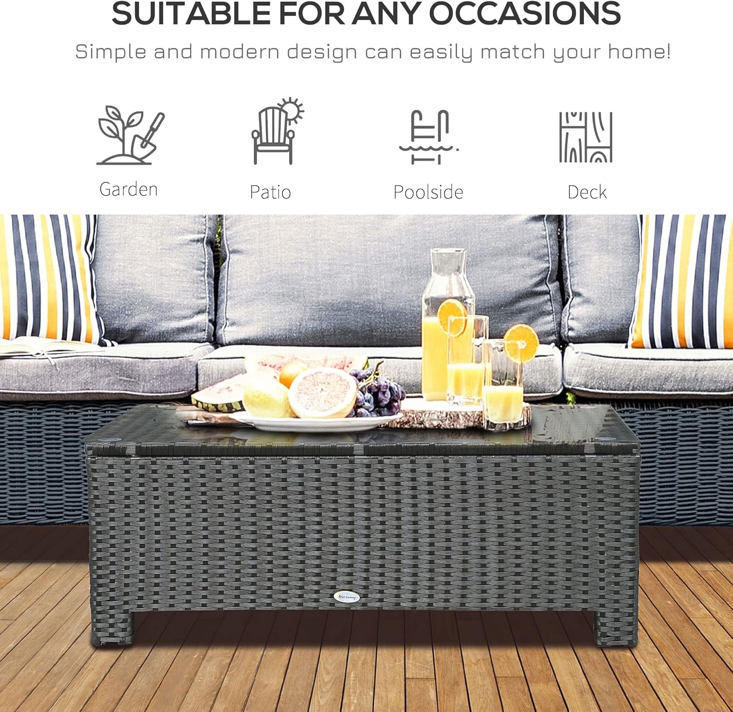 Outsunny Patio Furniture, Wicker Coffee Table, Hand-Woven PE Rattan Side Table with a Tempered Glass Top, 33.5" x 19.75", Black