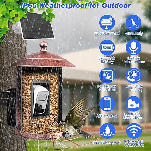 Miniatura 5 de Comedero para pájaros con cámara inalámbrica para exteriores, alimentador inteligente para pájaros alimentado por energía solar, cámara de
