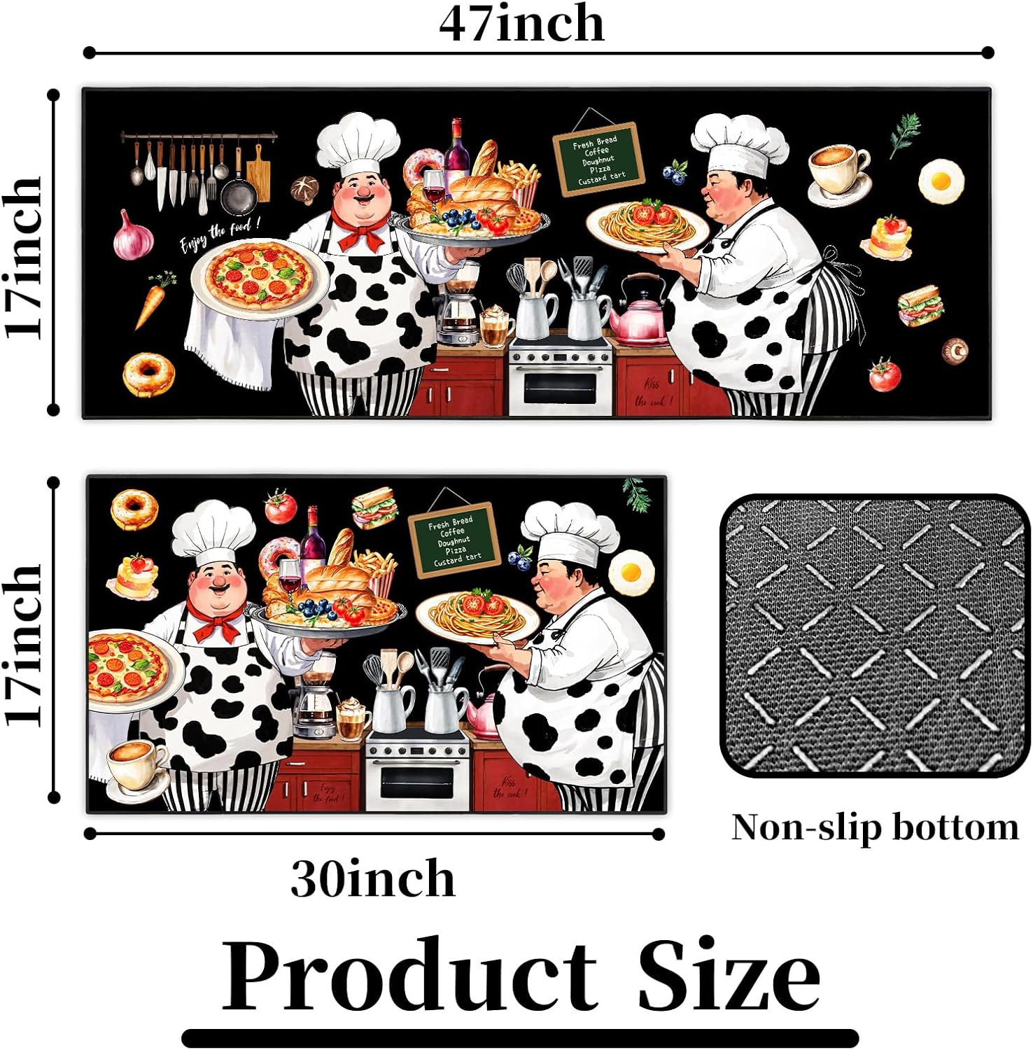 JWXCBIM Fat Chef Kitchen Rug 2 Piece Set, Farmhouse Style Decor Kitchen Floor Mat, Absorbent and Washable Runner Rug, Home Vintage Kitchen Decoration Chef Black 17x30+17x47 Inches