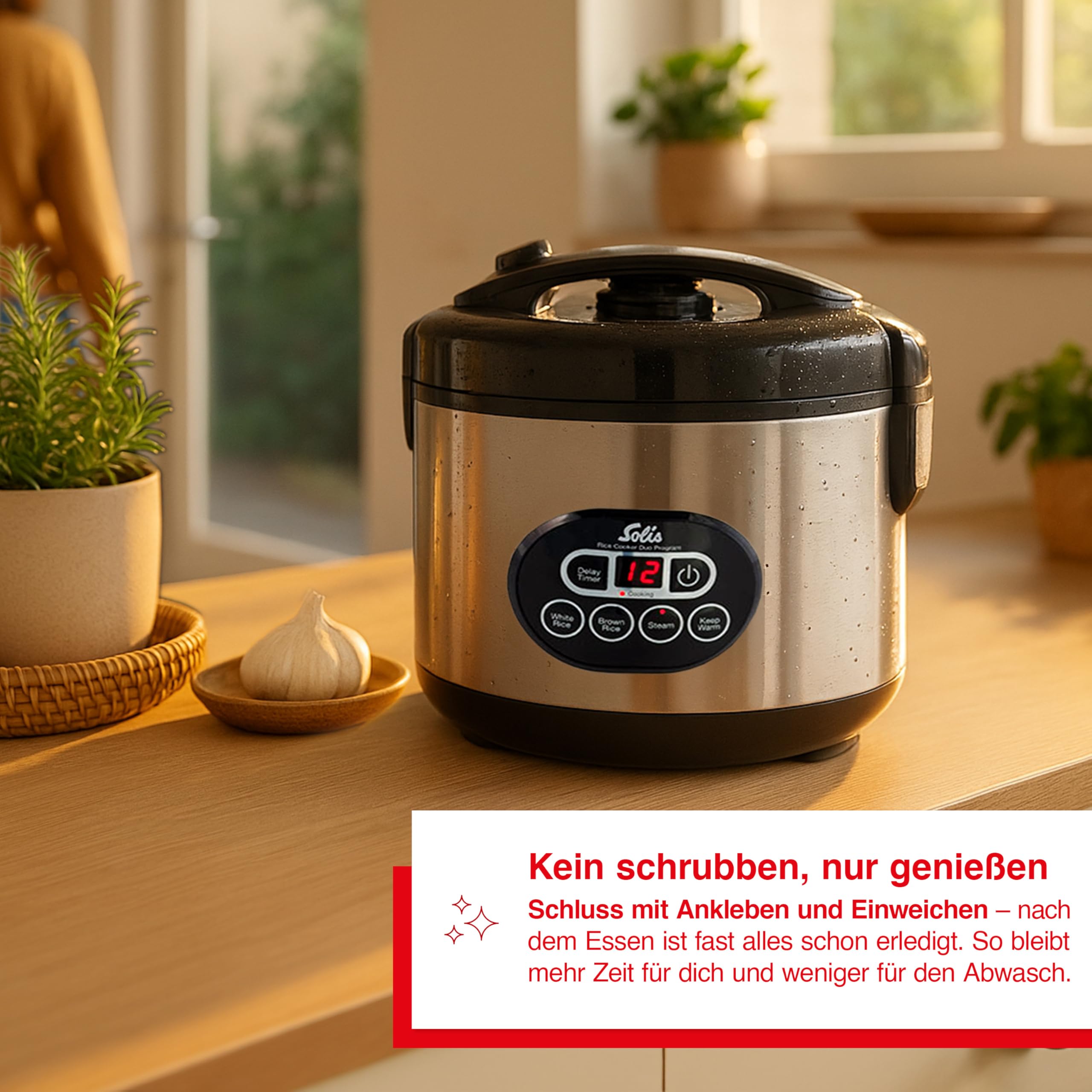 Solis Reiskocher Rice Cooker Duo Program - Reiskocher und Dampfgarer für 6 Tassen Reis - auch für Sushi Reis - Timer - Warmhaltefunktion - Inkl. Messbecher + Schöpflöffel - 1,2 L | Timer, Warmhaltefunktion, Antihaft-Innentopf, PFAS-frei, 500 W