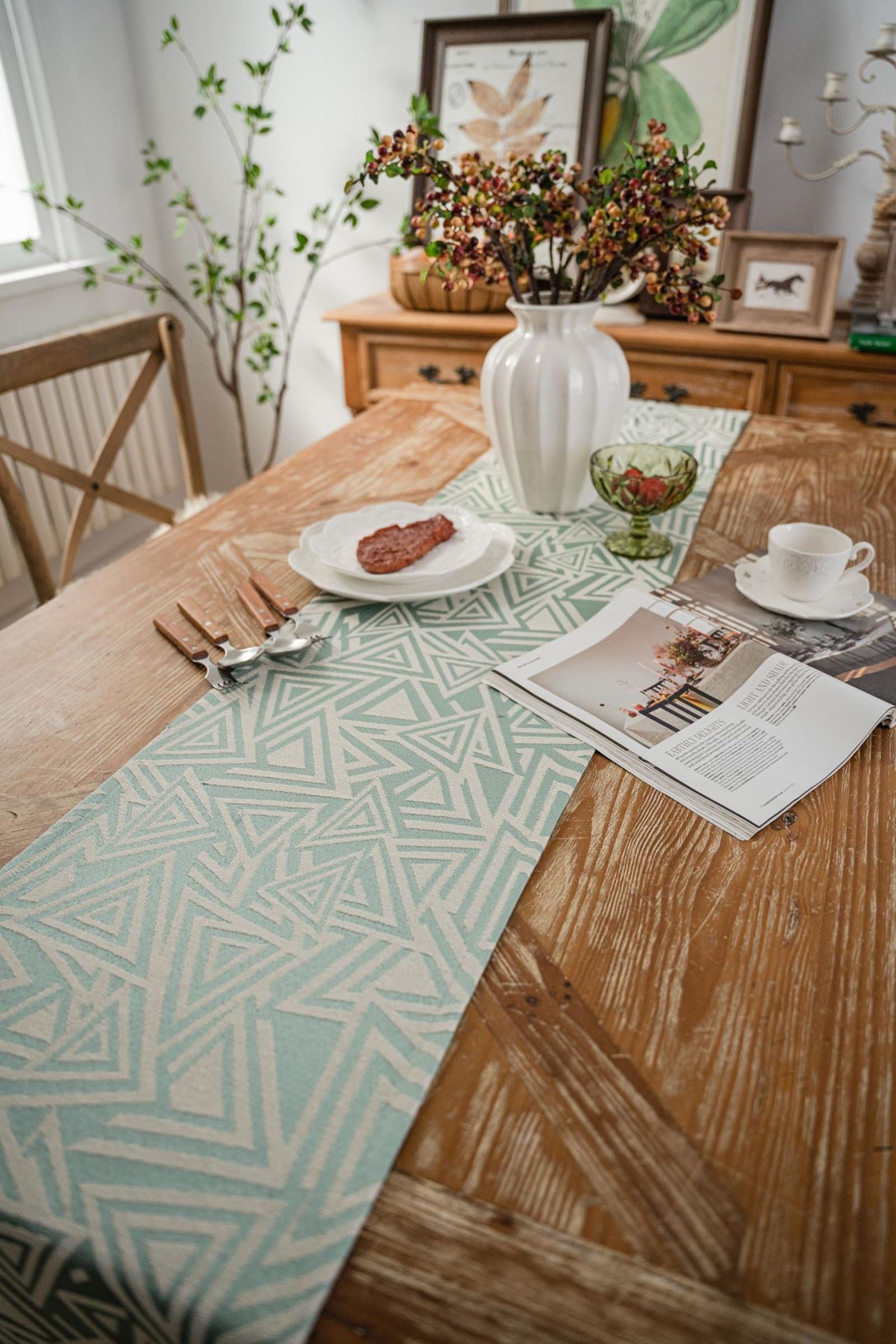 Runner da Tavolo Poliestere Cotone 33x350 cm, Runner da Tavola Moderno Lavabile Motivo Triangolo Jacquard con Nappe Decorazioni per Tavolino da Compleanni Matrimoni, Verde