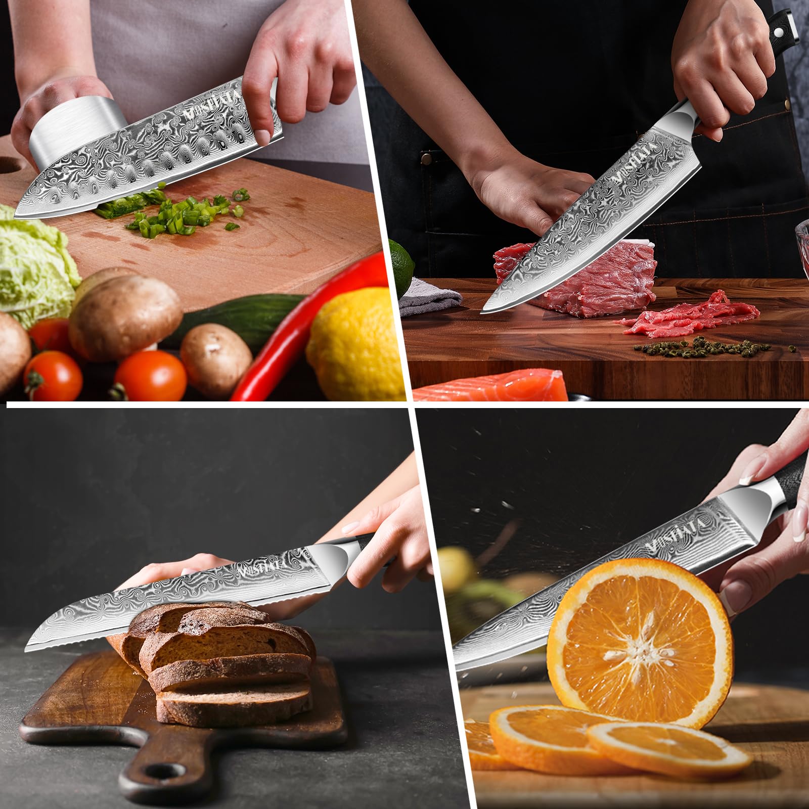 MOSFiATA Set Coltelli da Cucina Professionali, Set di Coltelli Damasco con Coltello Chef, Coltello Santoku, Coltello Pane, Coltello Multiuso e Coltello Frutta