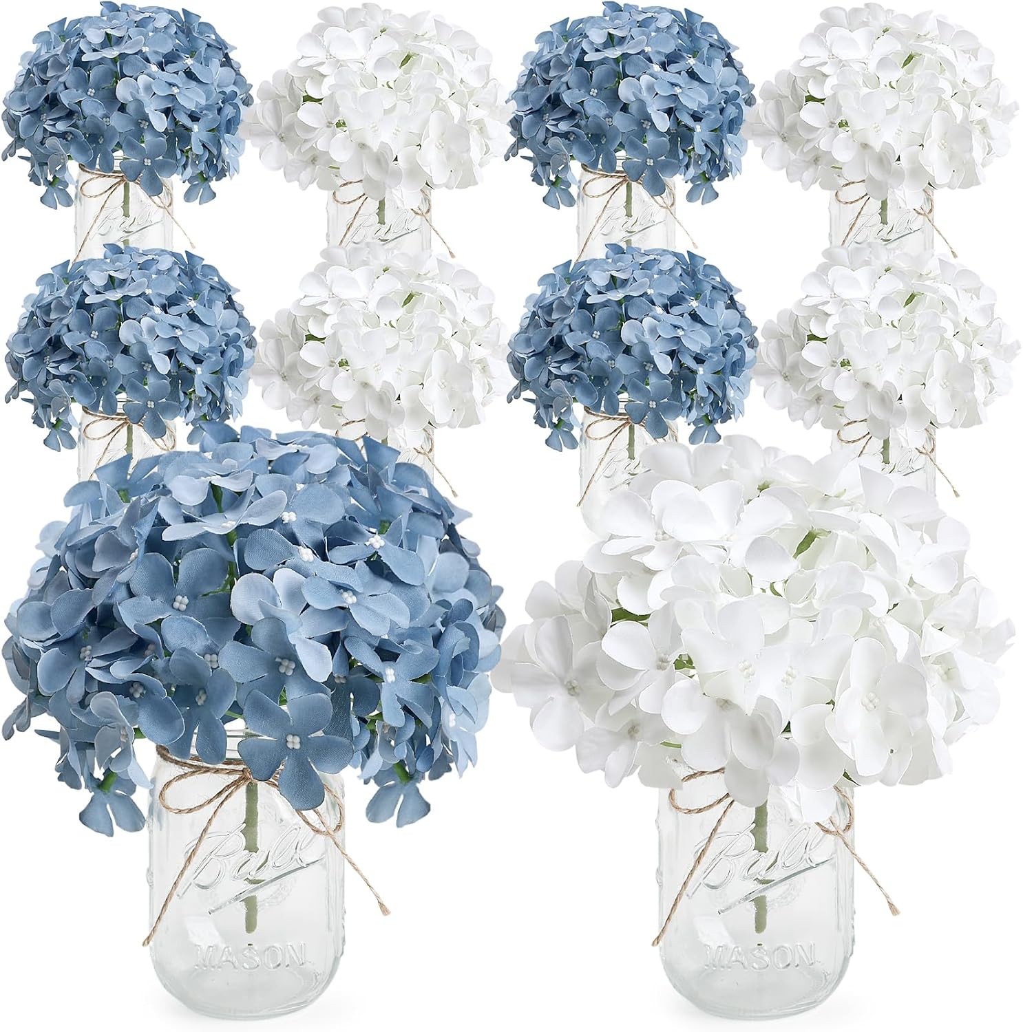 Hydrangea Flower in Mason Jars, 10 Set Blue White Floral Arrangements Table Centerpieces Decor Glass Flowers Vases for Home Party Wedding Bridal Shower Graduation Boho Decorative