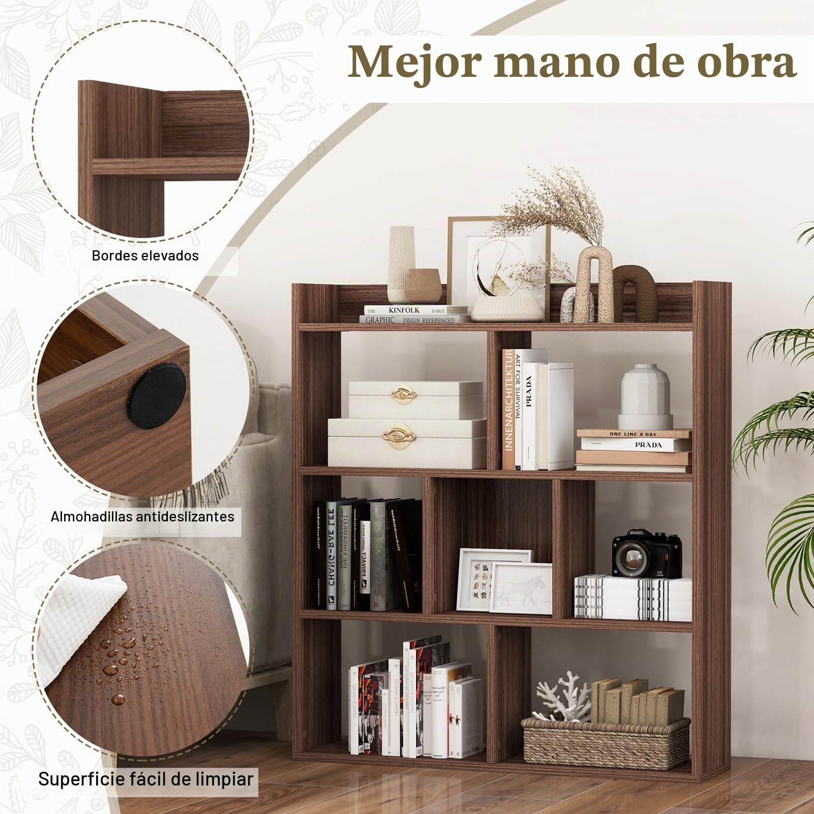 HOMASIS Estantería Madera con 7 Compartimentos Diáfanos, Almacenamiento de Exposición, Biblioteca con Protección Antivuelco, Separador de Habitaciones para Salón (Nogal)