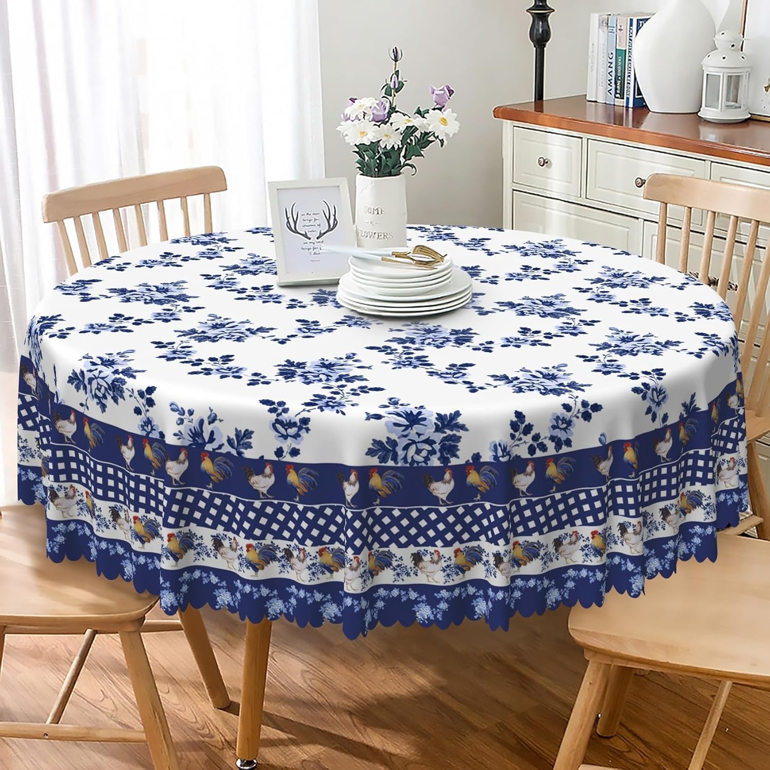 Blue Provence Rooster Round Tablecloth 70 Inch Elegant Blue Flowers Classic French Country Table Cloth Farm Animals Chicken Bordered Circular Table Cover for Kitchen Dining Room Home Decor