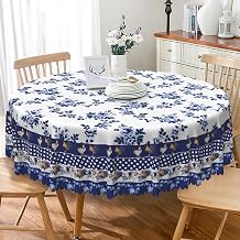 Blue Provence Rooster Round Tablecloth 36 Inch Elegant Blue Flowers Classic French Country Table Cloth Farm Animals Chicken Bordered Circular Table Cover for Kitchen Dining Room Home Decor