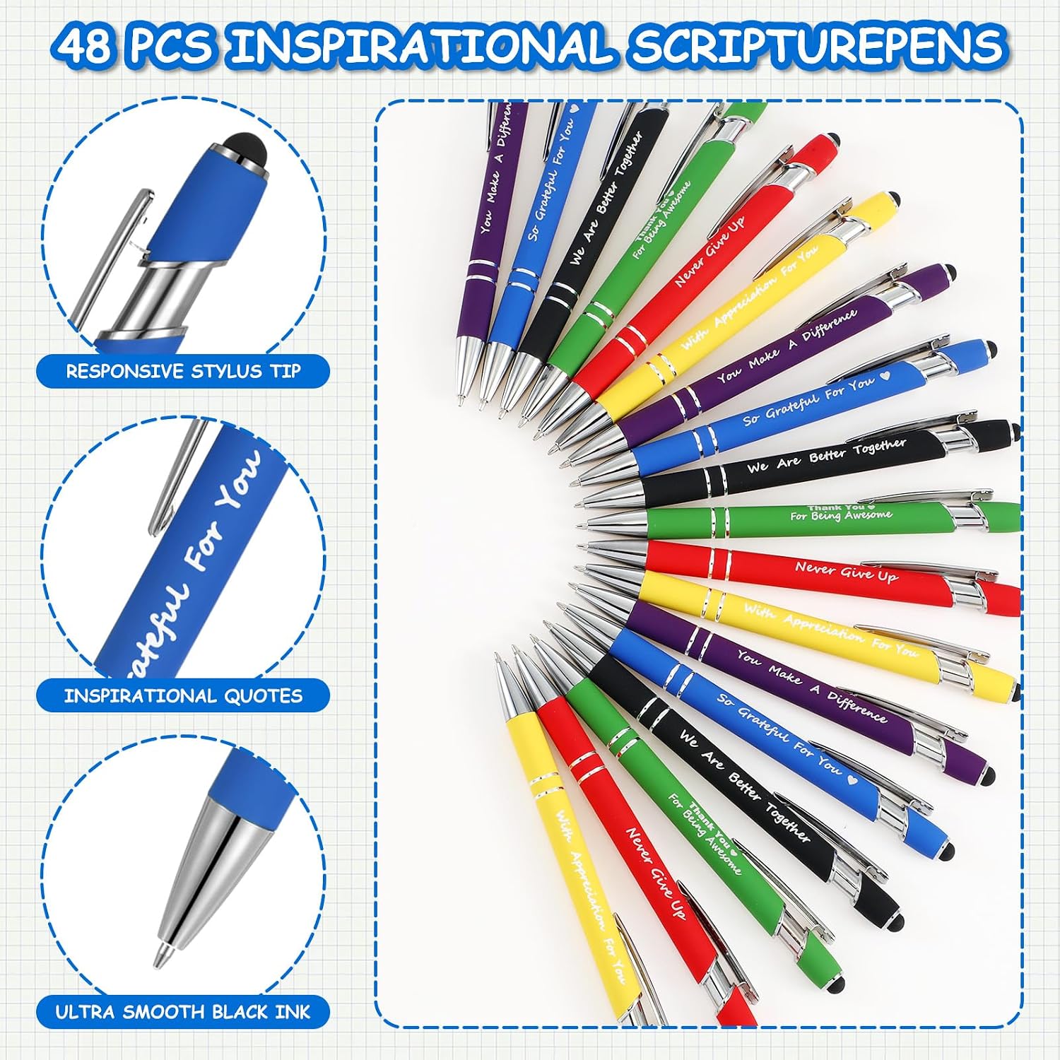 Colarr 60 Pcs Inspirational Gifts Set Includes 48 Pcs Motivational Pens Bulk Metal Inspirational Pens 12 Pcs Colorful Spiral Office Notepad, Motivational Journal and Pen Set for Office Gift Supplies