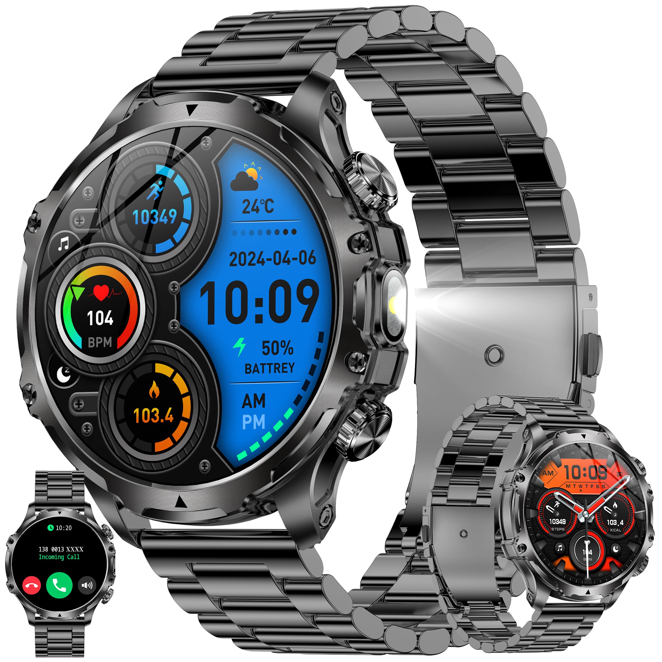 AMOLED Smartwatch uomo telefonica 800mAh torcia 5ATM 123 modalità sportive contapassi iOS Android acciaio nero