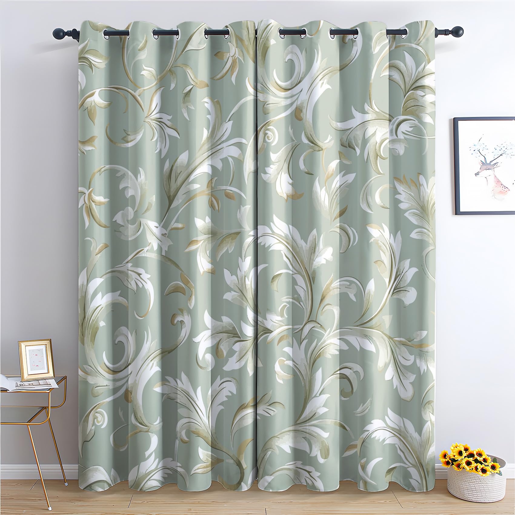 Zcwl Multicoloured Vintage Floral Curtains For Bedroom Living Room, Light Green And White Patterned Blackout Curtains, Thermal Insulated Eyelet Curtain, 84 Drop Window Treatments Drapes, 52X84 Inch (W X L), 2 Panels