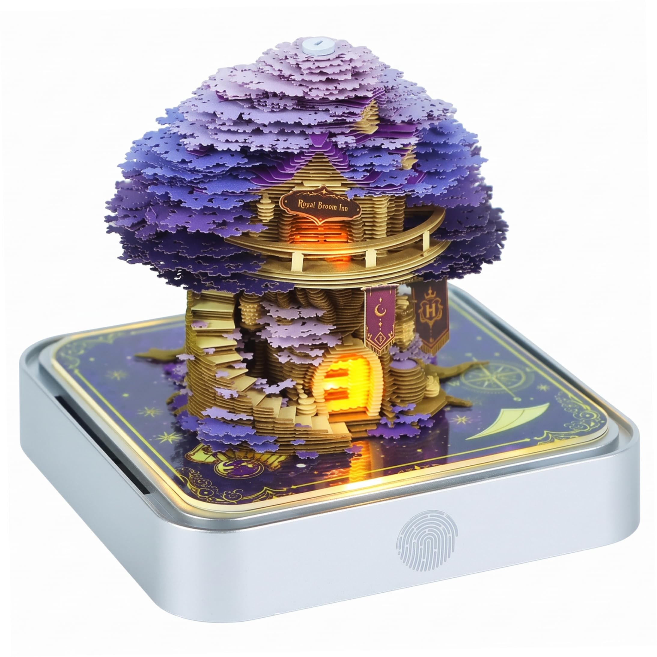 Calendrier 3D 2027, calendrier détachable avec lumière LED, joli design de maison dans un arbre en papier, 275 pages, décoration de bureau créative, couleur violet foncé