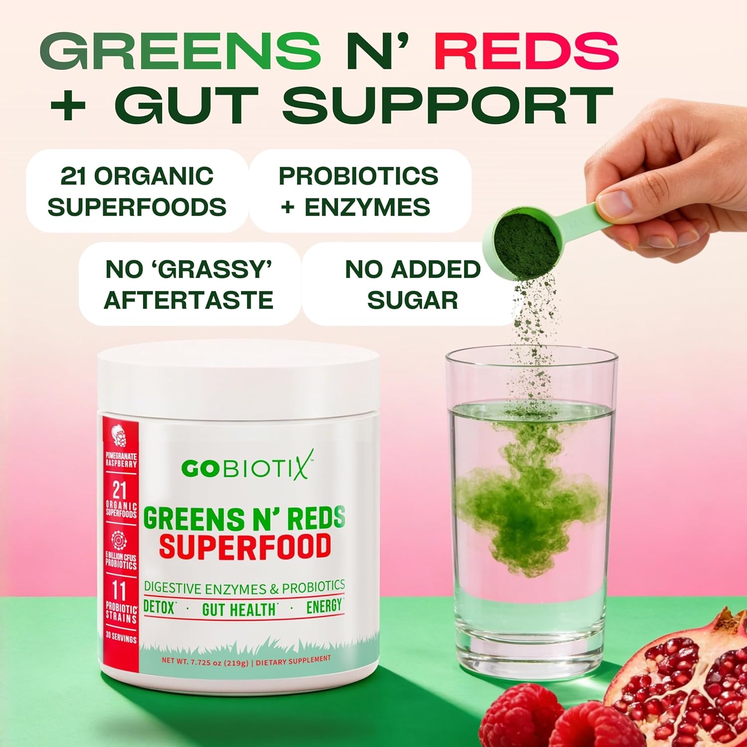 GOBIOTIX Super Greens Powder with Organic Spirulina - Superfood Supplement with Fruit Blend, Probiotics and Enzymes for Digestive Health - Vegan, Non-GMO - 30 Servings (Pomegranate Raspberry - 1 Pack)