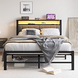 BORPHOM Double Bed Frame with Storage and LED Lights,4ft6 Metal Platform Bed Frame Double Size Bed Base with Charging Station,Mattress Base,Strong Slats Support,Under-bed Storage,Noise Free,Grey