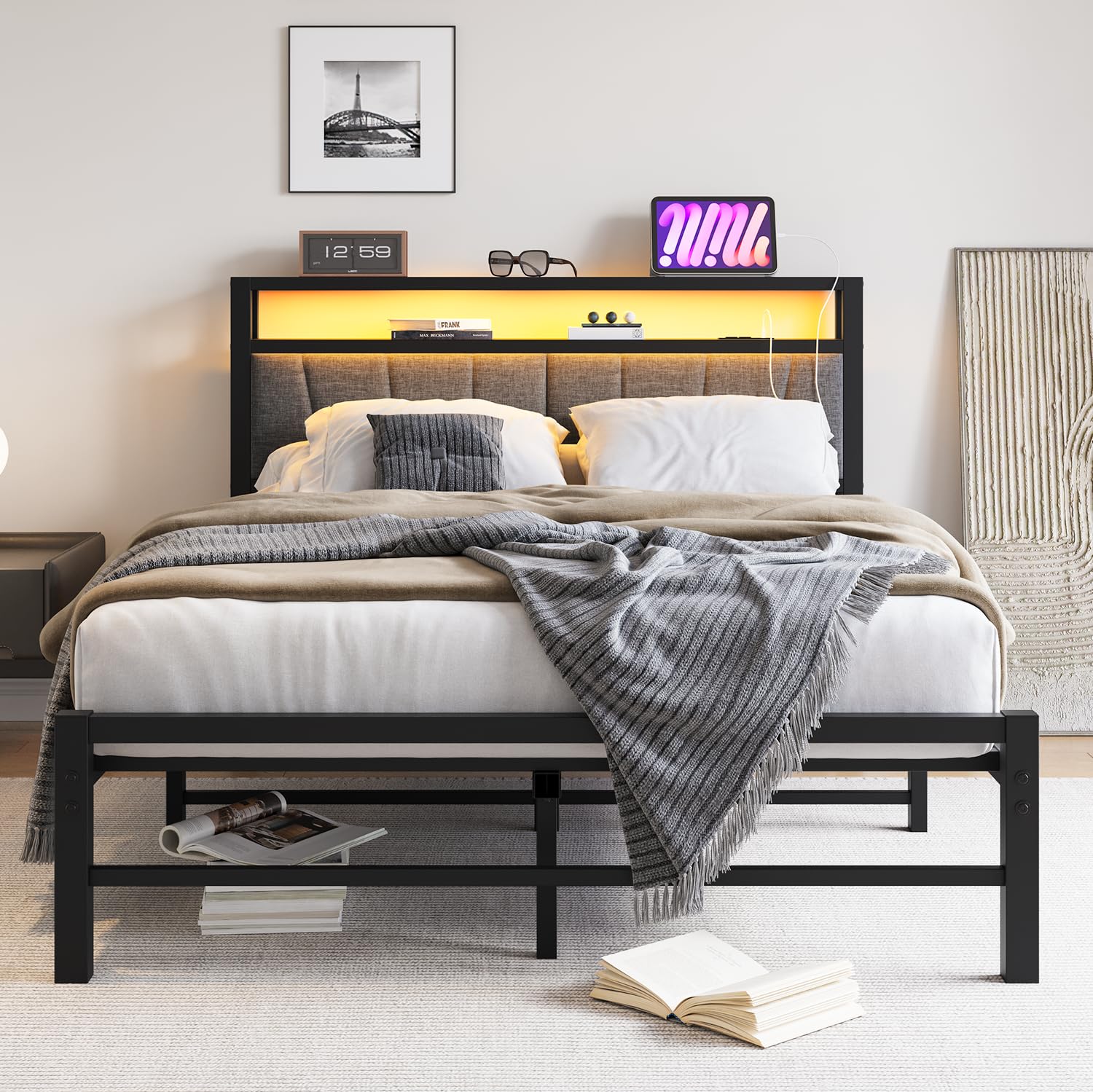 BORPHOM Double Bed Frame with Storage and LED Lights,4ft6 Metal Platform Bed Frame Double Size Bed Base with Charging Station,Mattress Base,Strong Slats Support,Under-bed Storage,Noise Free,Grey — image 1