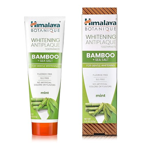 Himalaya Botanique Pasta de dientes blanqueadora antiplaca con bambú + sal marina, sin flúor, para blanqueamiento suave, 4 oz