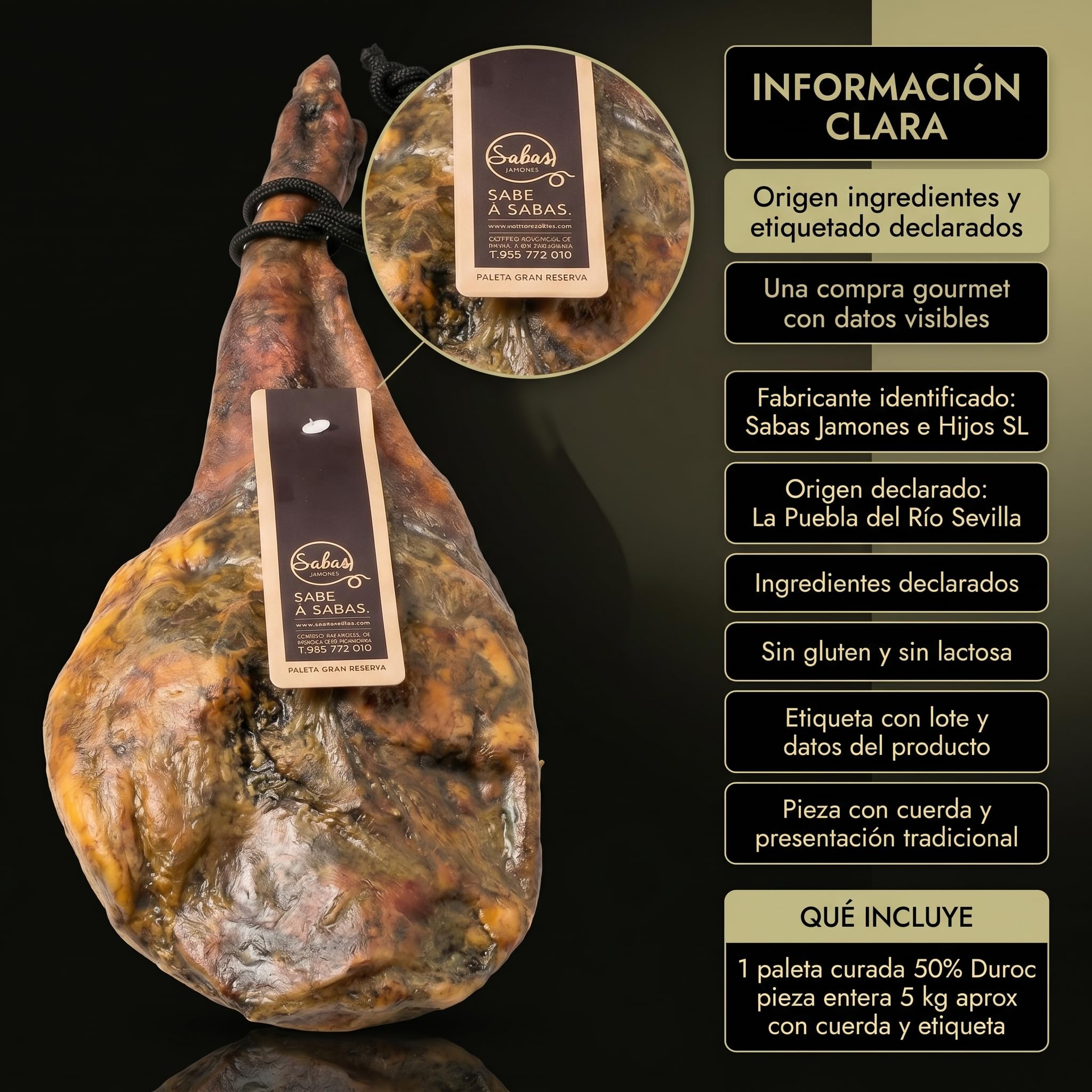 Paleta Duroc 50% Gran Reserva Curada Pieza Entera 6 kg Paletilla Serrana | Peso 5,5 a 6 kilos, secaderos naturales y bodega, sin gluten, sin lactosa ni colorantes; para tapas, tablas y regalo gourmet