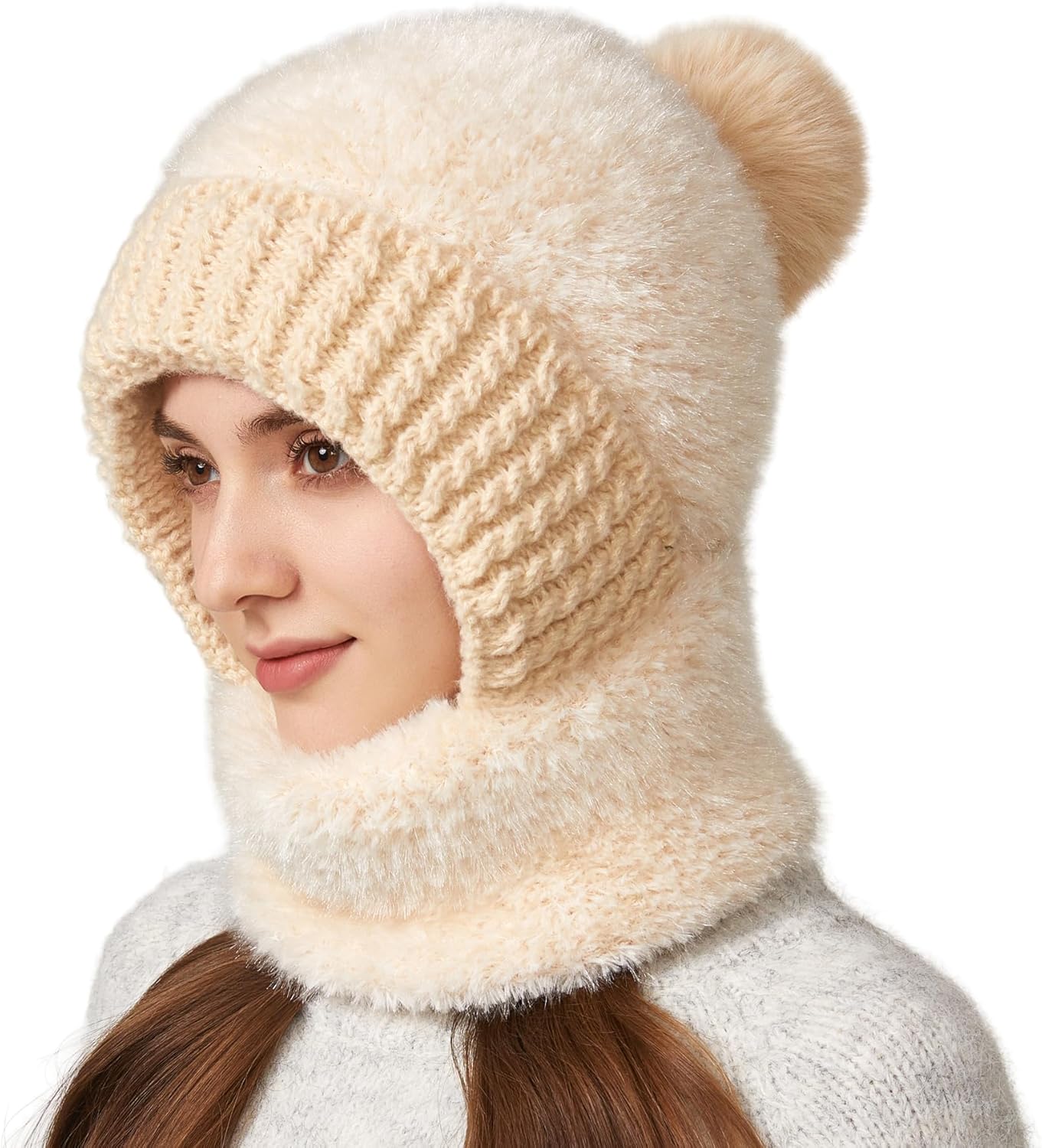 Women Balaclava One-Piece Skull Beanie Hat Neck Circle Scarf Ski Snow Winter Knit Fleece Cap Cold Weather