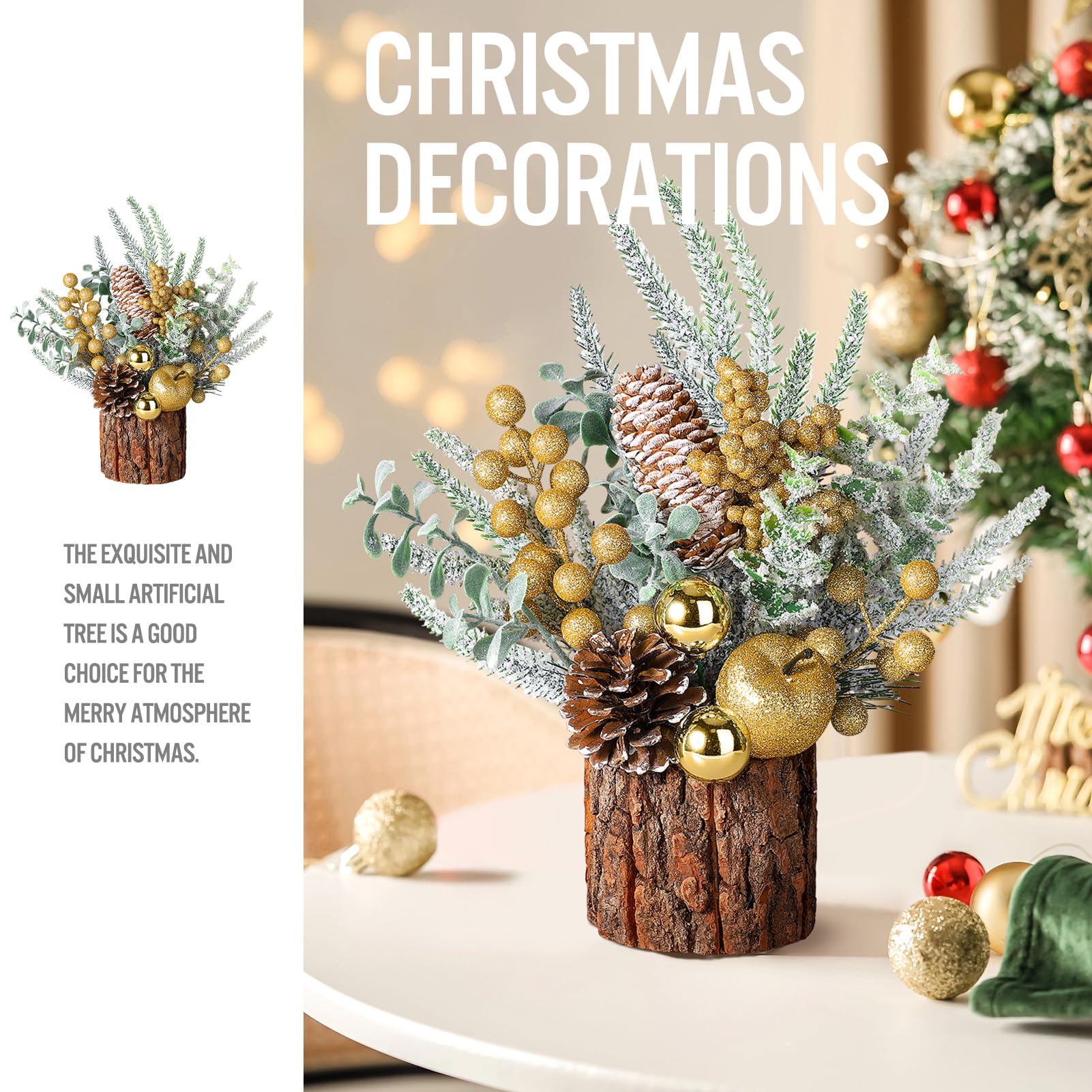 Hatisan Small Christmas Tree, Artificial Christmas Tree with Christmas Ornaments Pine Cone Berry, Tabletop Christmas Tree for Christmas Decorations Home Room Party Winter Indoor Outdoor(Gold-Round)