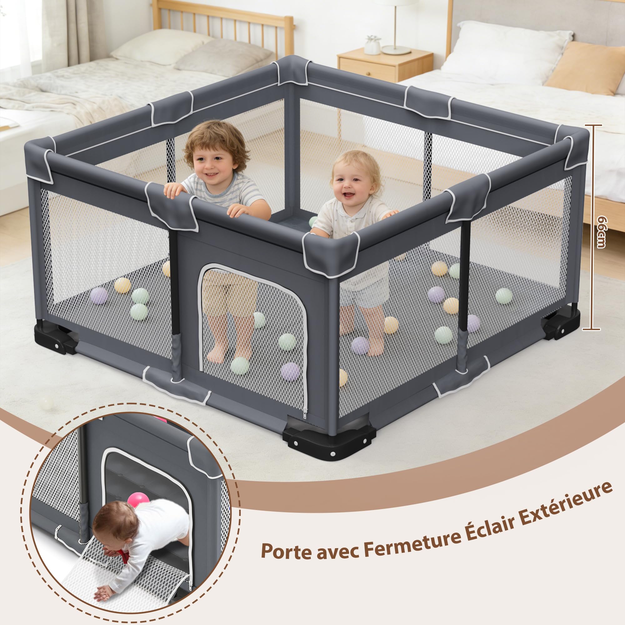 Parc Bébé Pliable avec Tapis de Sol et Sac de Transport, Parc Enfant 124 × 124 cm, Parc de Jeux Bébé, Installation Sans Outil en 1 Minute, Pour Intérieur et Extérieur