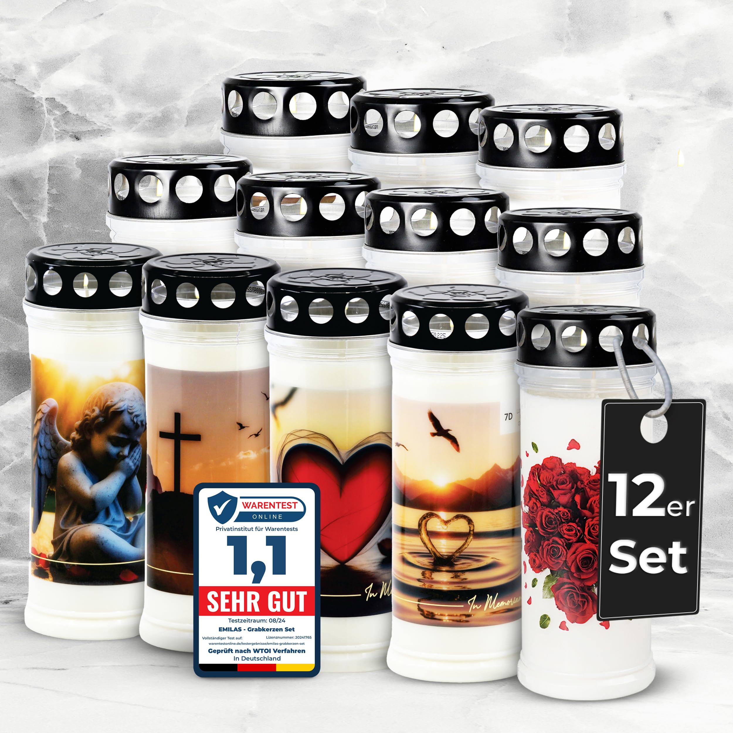 12er Set EMILAS GRABKERZEN 7 Tage Brenndauer – Trauerkerzen für ein stilvolles Grabdeko – Grabschmuck mit 5 Motiven – Grablichter mit Deckel – Friedhofskerze für Ruhestätten