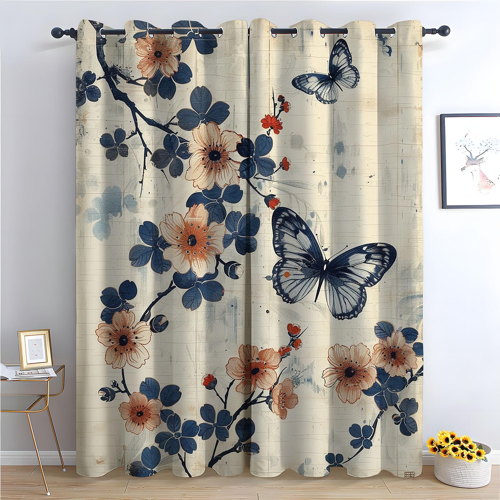 WQBQKKX Plants Curtains Ink Painting Green Patterned Curtains Vintage Art Deco Drapes Thermal Insulated Room Darkening Curtain-52 W x 84" L (Pack of 2)