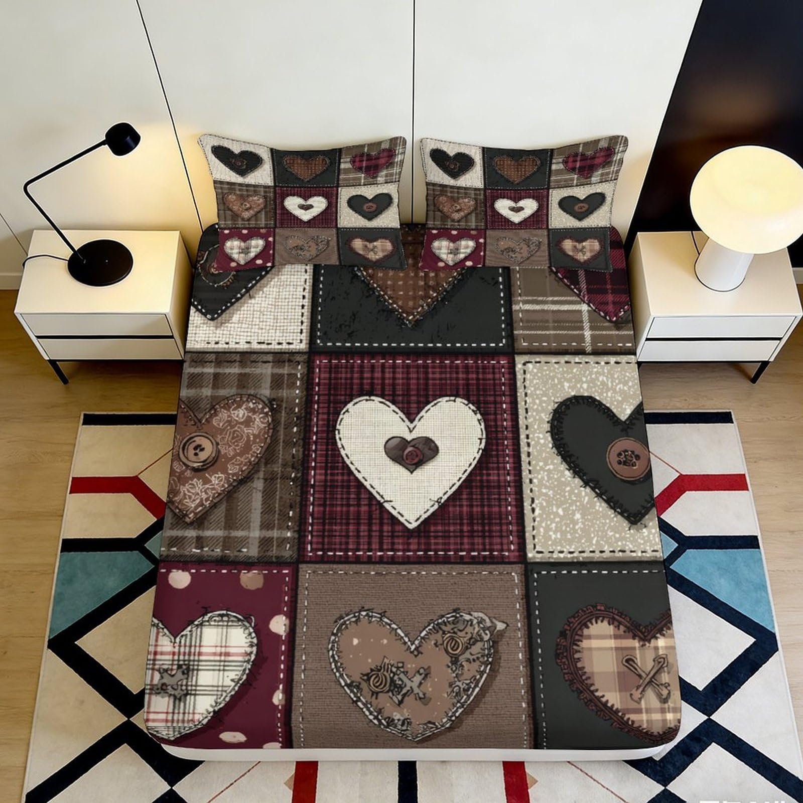 Jqzkxnhpbr Style-8 3D Printed Patchwork Heart Fitted Sheet Microfiber Bedroom Decor Rustic Love Bed Cover For Home Dorm Mattress Protection 90X200x25cm