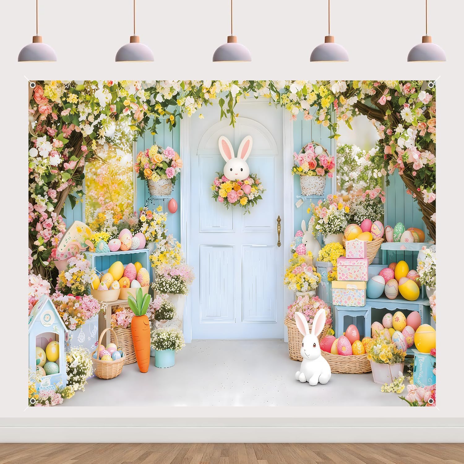 Easter Backdrop 10x8ft Fabric Spring Flowers Floral Colorful Eggs Bunny Rabbit Garden Photo Background Kids Party Decorations Banner Booth Studio Props Tapestry Outdoor Decor 10x8ft Easter-4