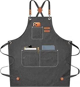 AFUN Chef Aprons for Men Women with Oversized Pockets, 16-Ounce Cotton Canvas Cross Back Heavy Duty Work Apron (Grey)
