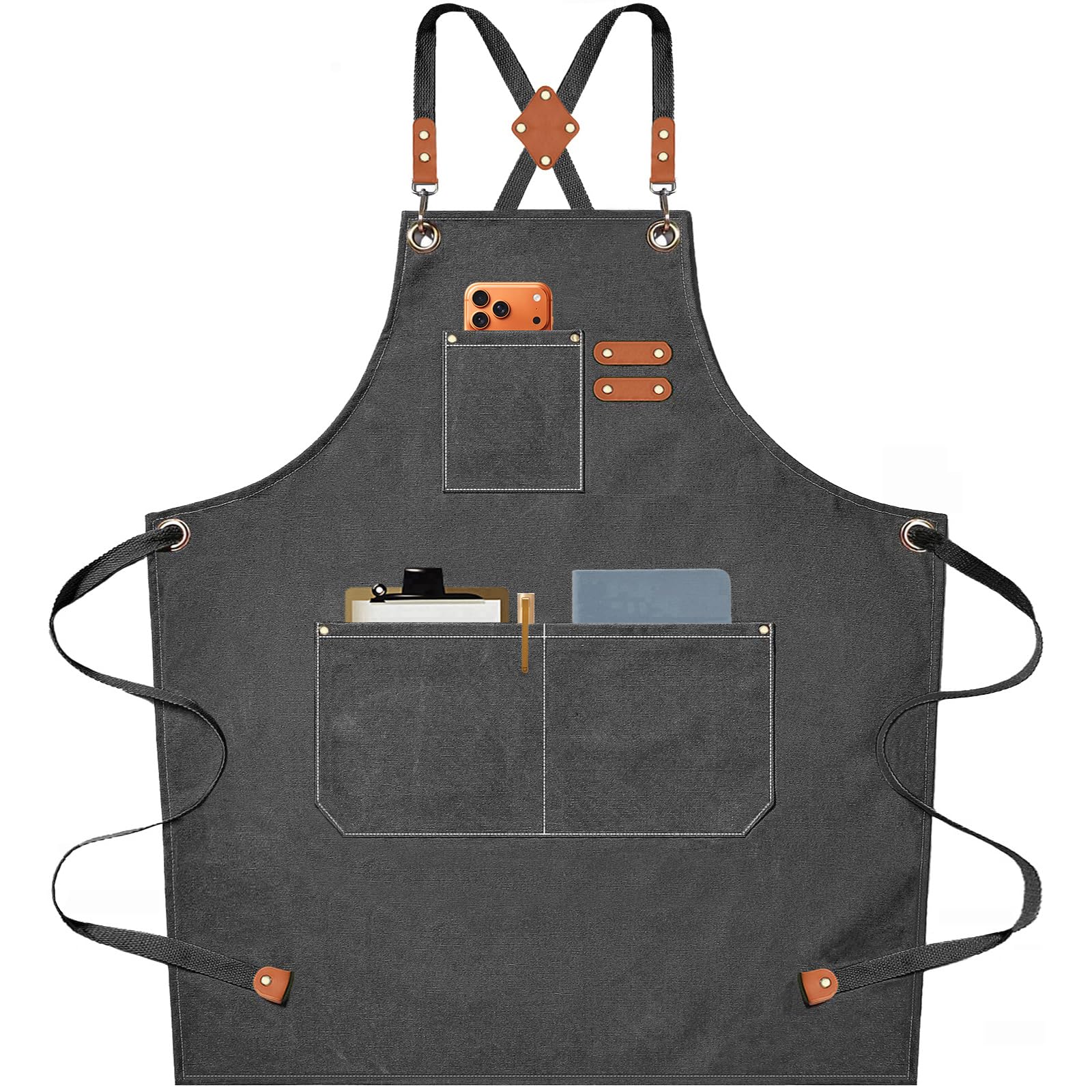 AFUN Chef Apron, Cotton Canvas Cross Back Apron with Adjustable Straps and Large Pockets,M to XXL (Grey)