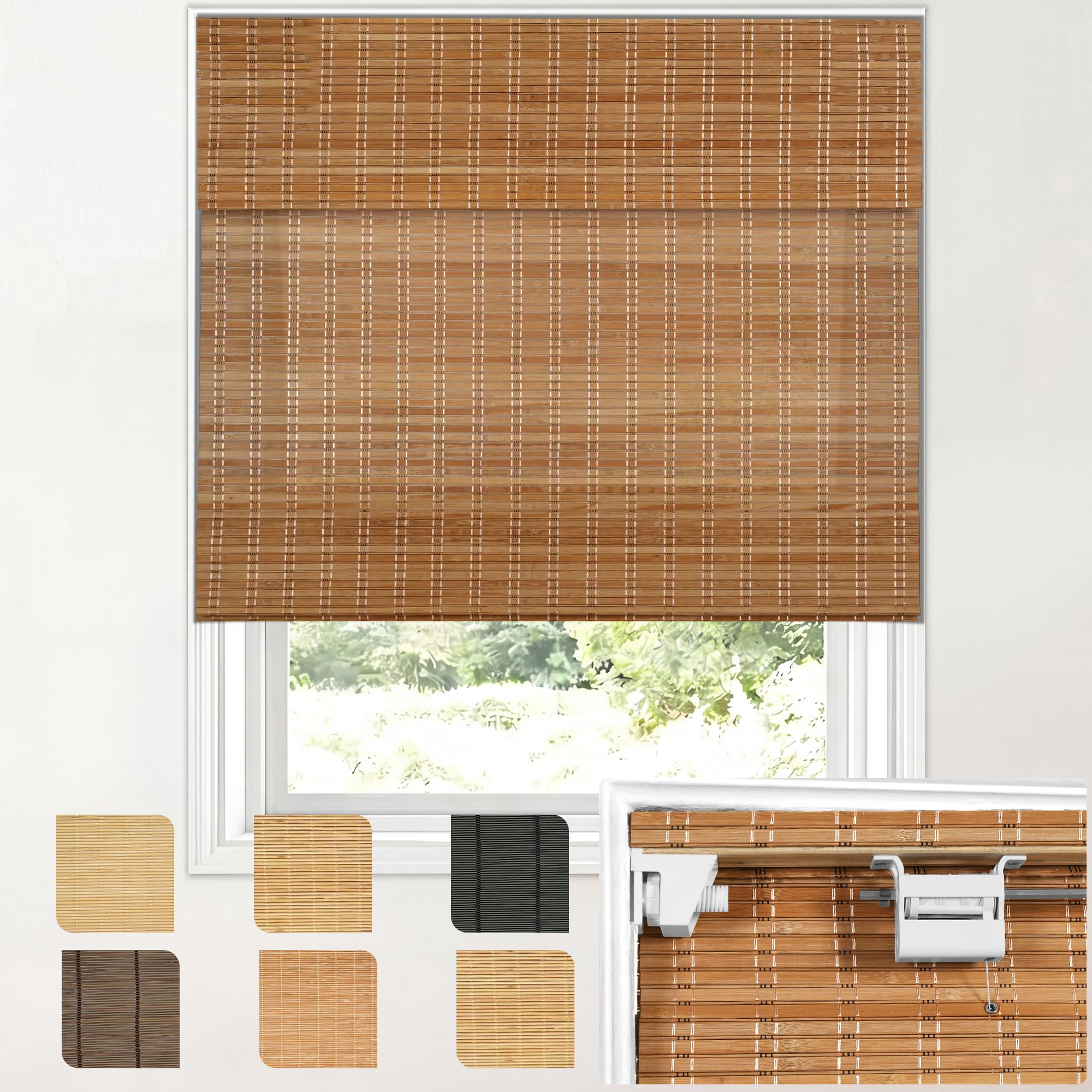PQRSHADE Cordless No Drill Bamboo Roman Shades, Light Filtering Natural Bamboo Blinds, Pull Down Window Shades for Indoor, Privacy Shade for Bedroom Living Room Kitchen Home Natural Bamboo 22"W x 36"H