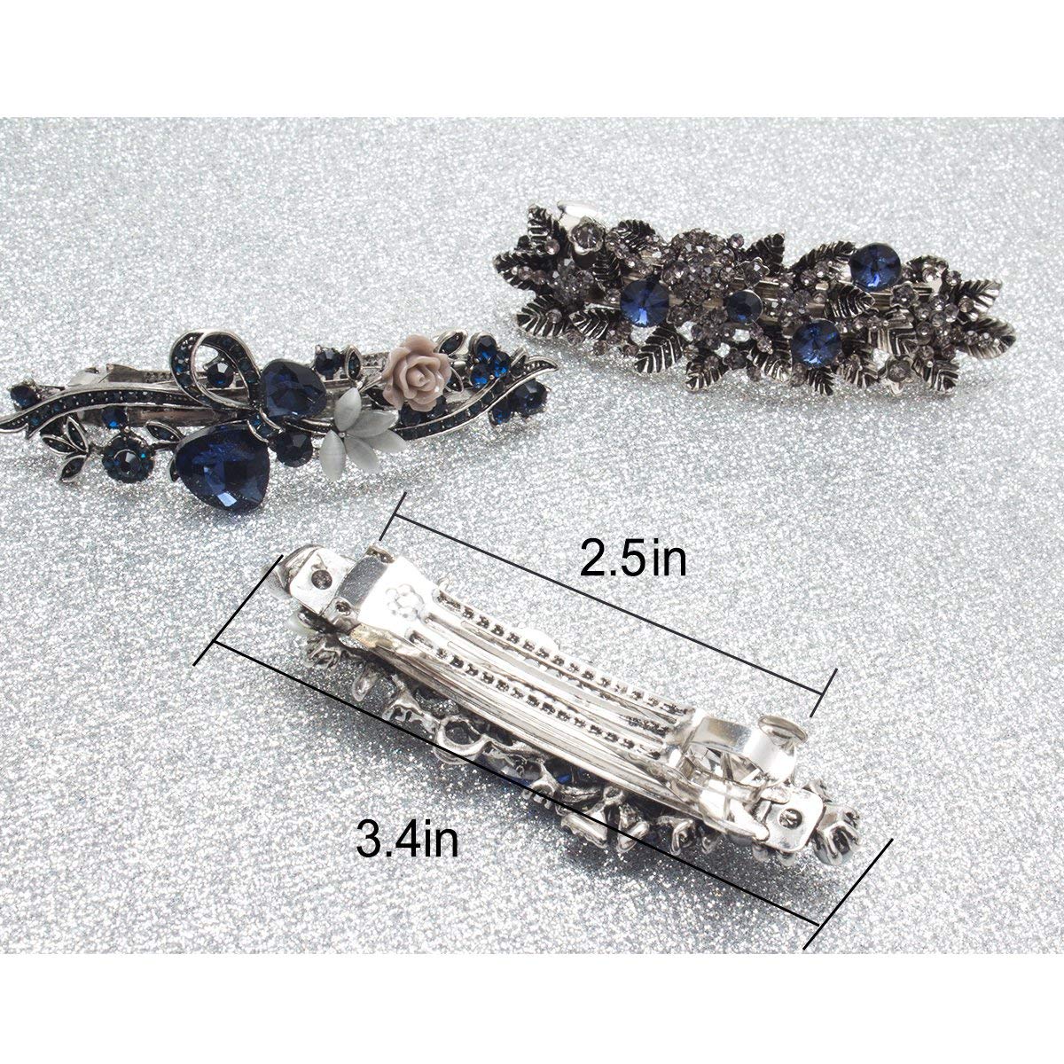 3 Vintage Haarspangen Mit Strass & Blumen - Französischer Clip, Schwarz & Marineblau