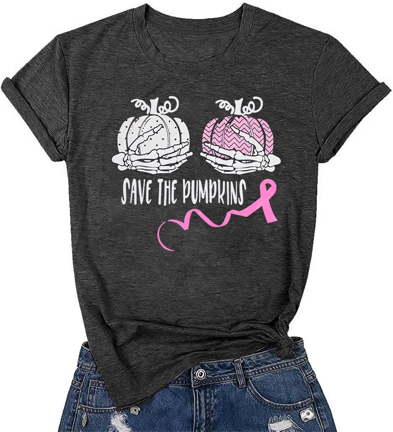 VILOVESave The Pumpkins Shirt Women Halloween Breast Cancer Shirt Pink Ribbon Tshirt Pumpkin Graphic Tee Short Sleeve Tops