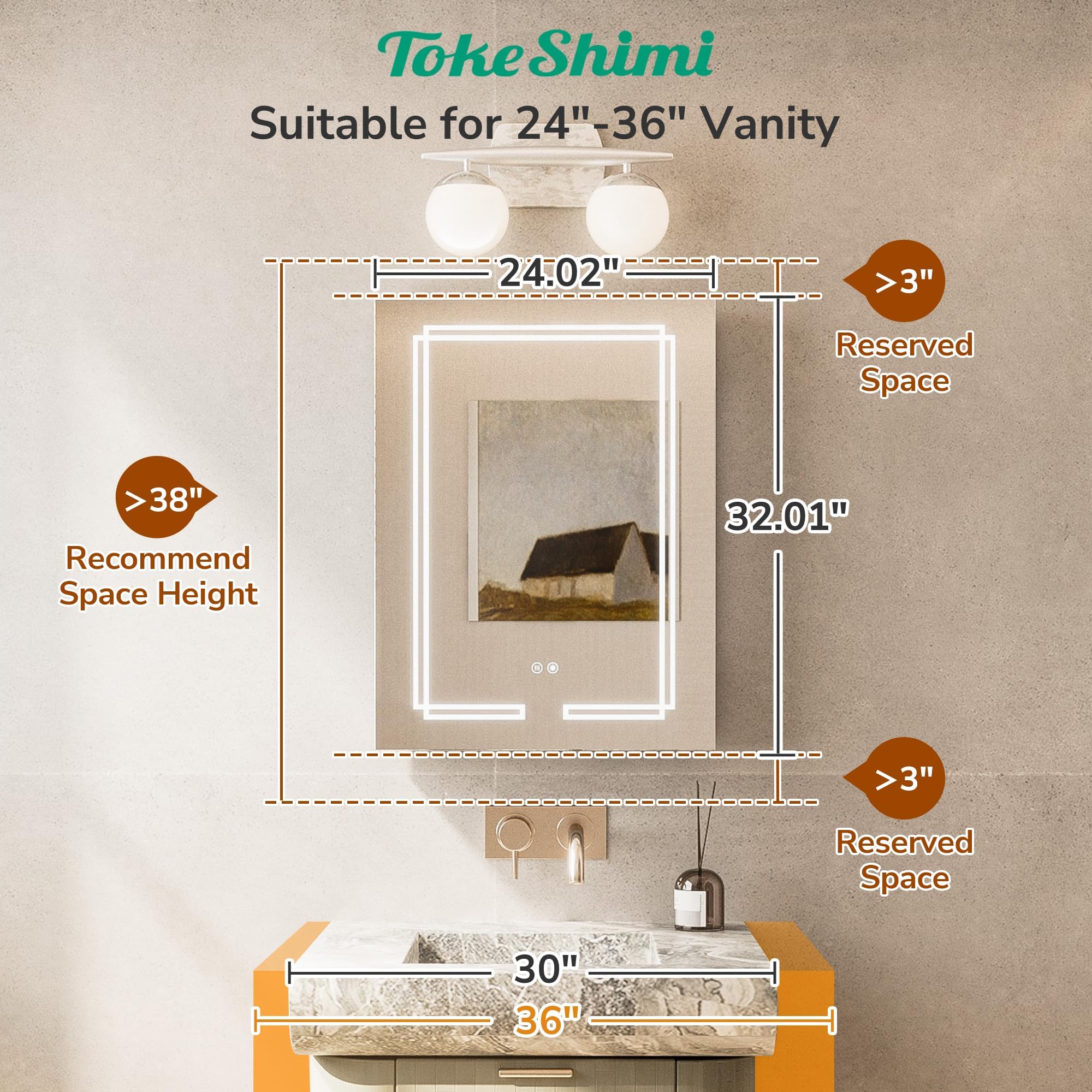 TokeShimi Armoire à pharmacie 24 x 32 LED avec miroir trempé, 3 couleurs éclairées, gradation continue, IRC 80+, anti-buée, fonction mémoire