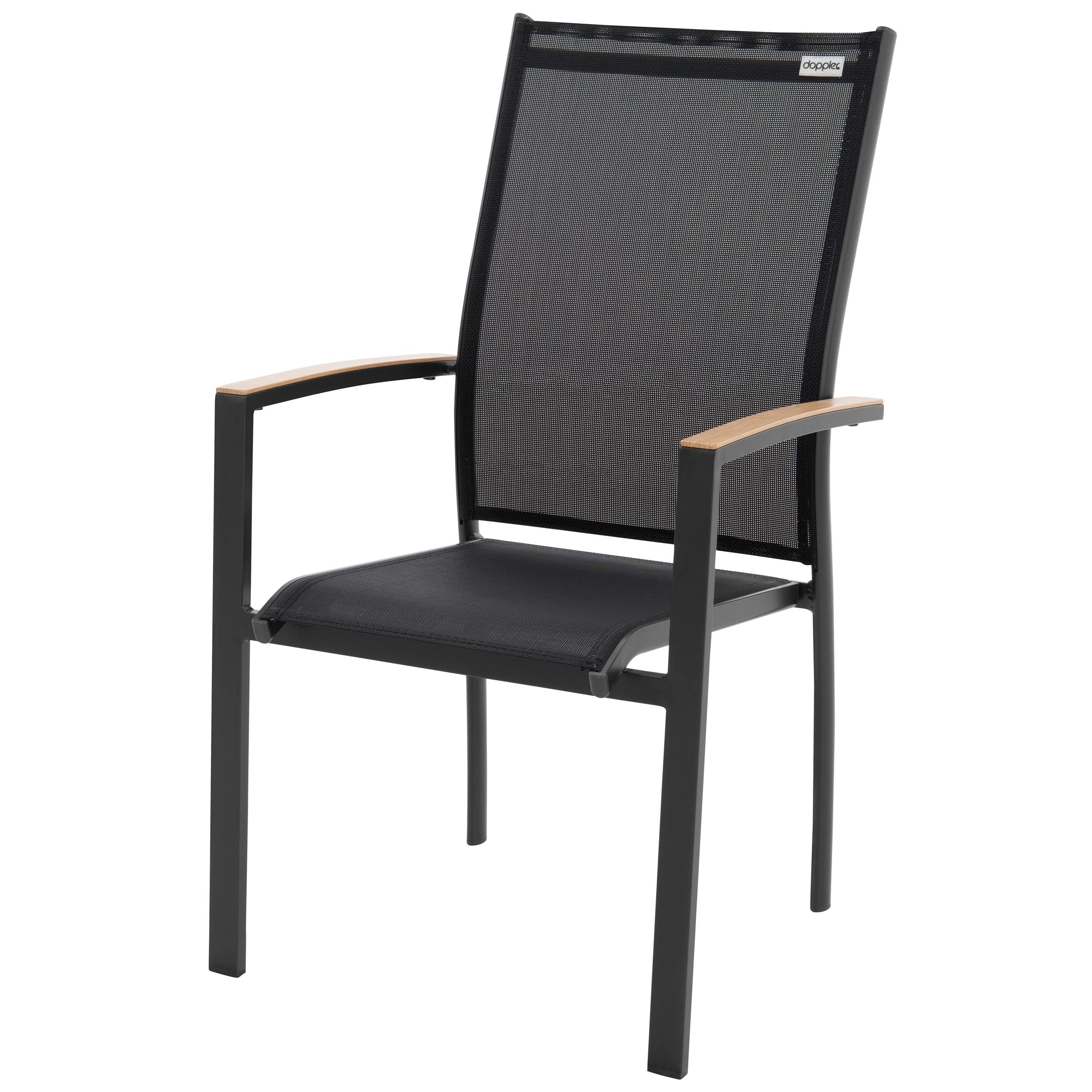 Doppler Silla apilable Expert – Silla de jardín de Aluminio – apilable – Resistente a la Intemperie – Forma ergonómica para Mayor Comodidad de Asiento (Aspecto de Madera Antracita/Negro), 1 unidad