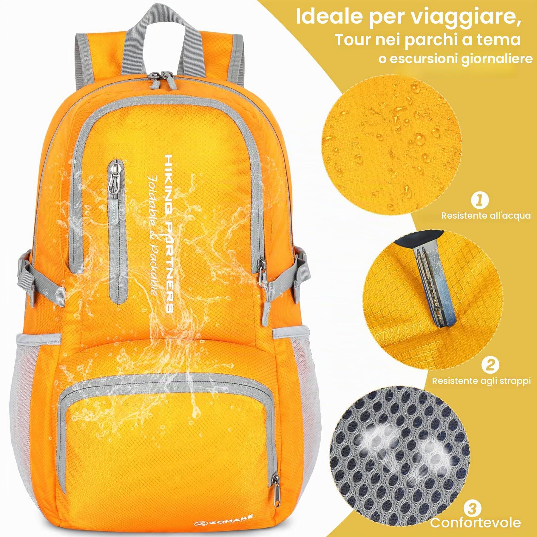 ZOMAKE Zaino Pieghevole Ultraleggero, Zainetto Leggero Ripiegabile da Viaggio 35L, Backpack Richiudibile Salvaspazio Tascabile Trekking Piccolo per Uomo Donna (Giallo)