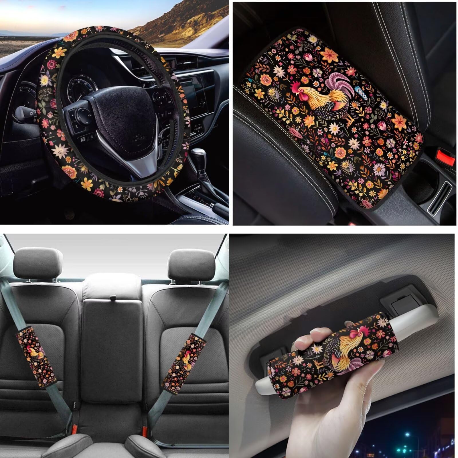 Rooster Print Car Seat Cover Set - 13-Piece Interior Accessories With Steering Wheel Cover & Seat Belt Pads
