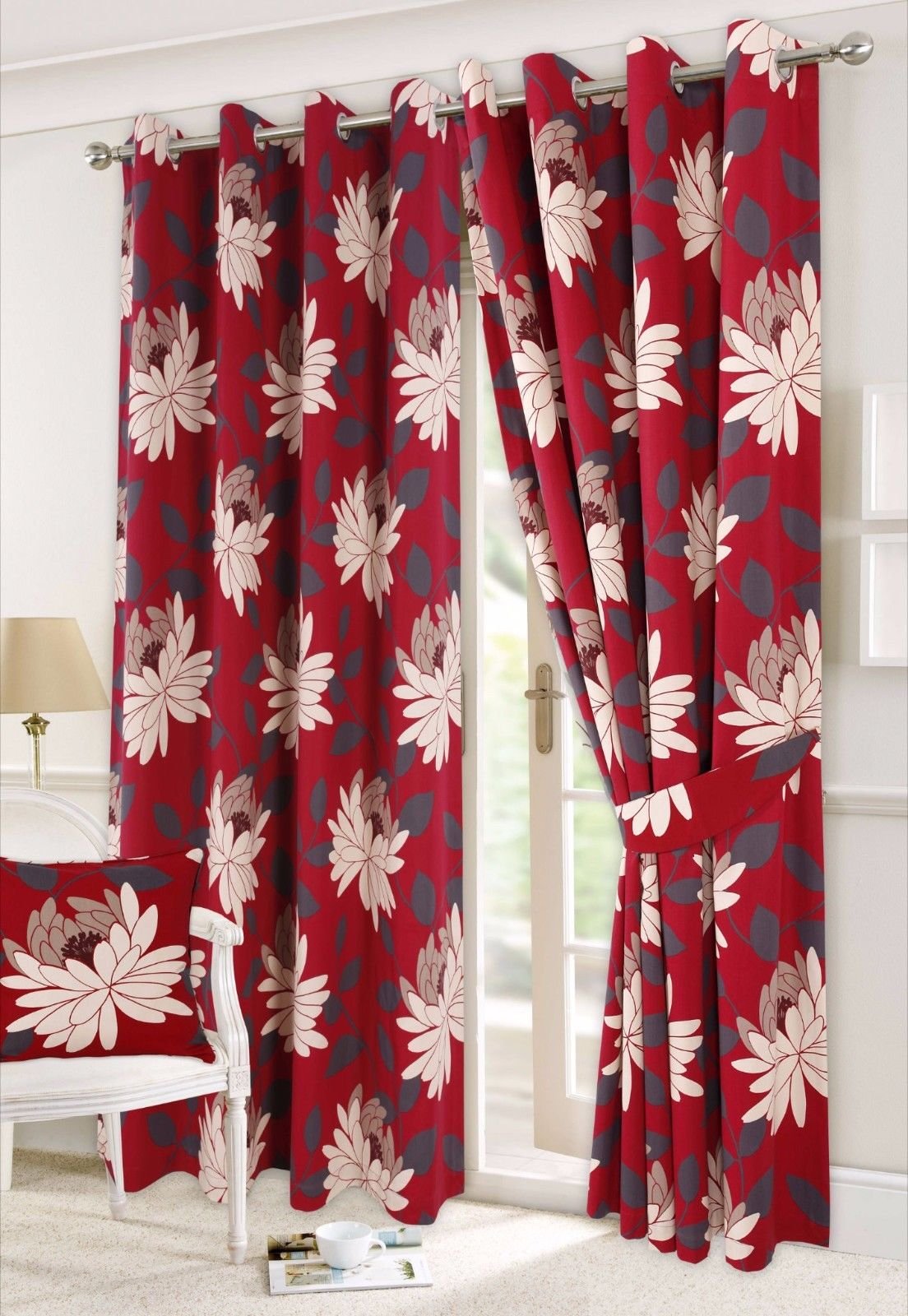 Artistic Fashionista Luxurious Quality SEREN PRISCILLA Ring Top Eyelet Curtains Fully Lined Polycotton With Tie Backs (Red, 90" x 72")