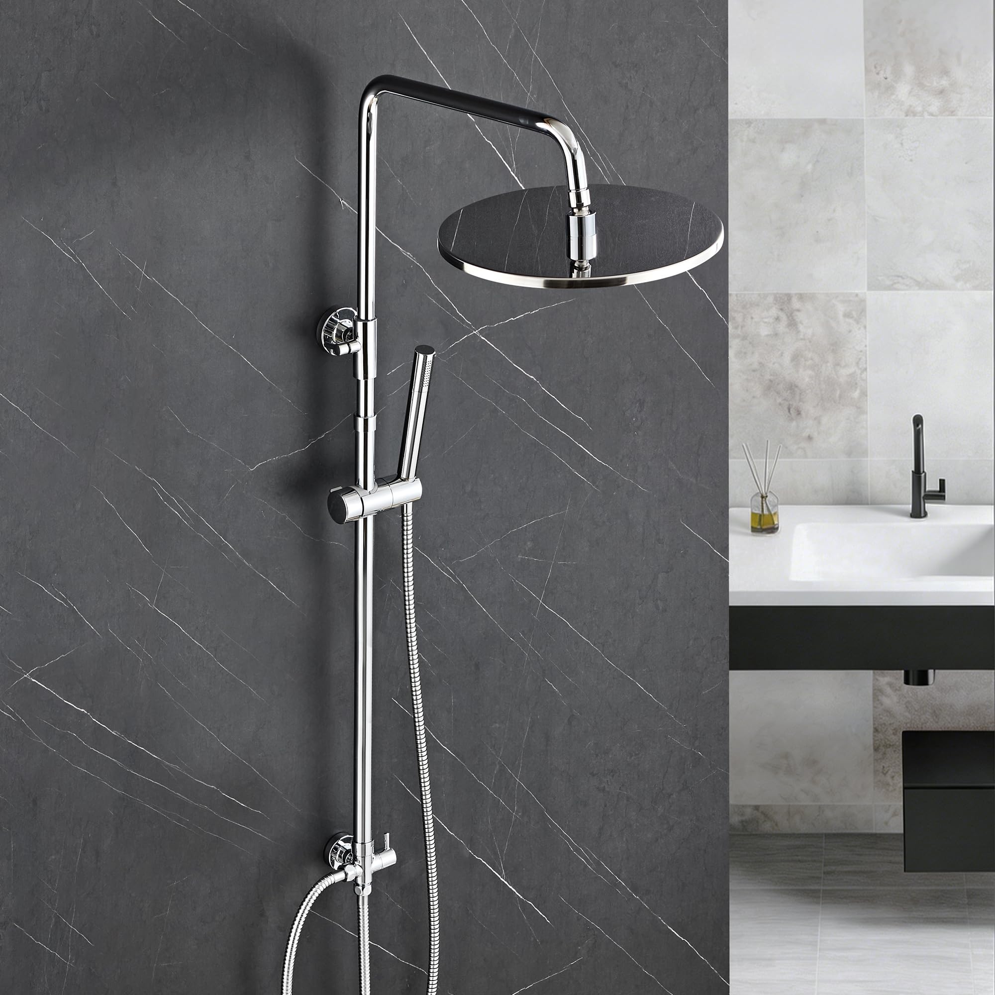 GΓΆrbach Stainless Steel Shower Column without Mixer, Rain Shower Set with Hand Shower and Shower Rod, Height Adjustable 74-114 cm, Shower Head 20 cm Chrome