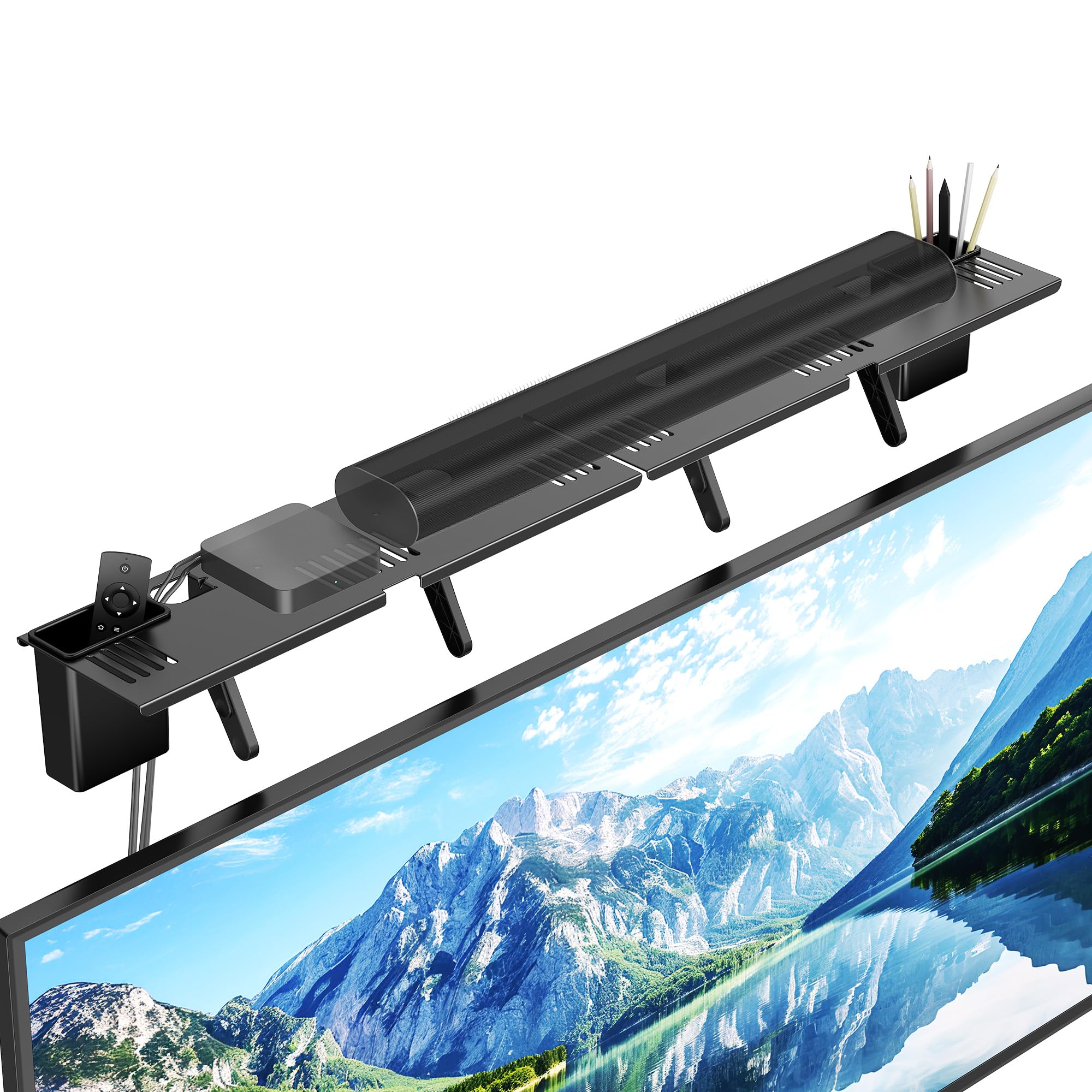 Soundbar Mount, No Drilling Steel TV Top Shelf with Storage Boxes, Sound bar Mount up to 15 lbs, Universal Sound Bar TV Mount Bracket, Soundbar Mount Above TVs Compatible with Samsung, Sony (33.8")