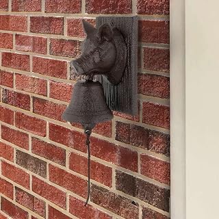 Cast Iron Dinner Bell, Retro Metal Outside Farmhouse Door Bell, Pig Head Shape Decoration Hanging Bell for Yard or Garden, Manually Shaking Doorbell Indoor Outdoor Wall Mounted Ornamental Dinner Bell