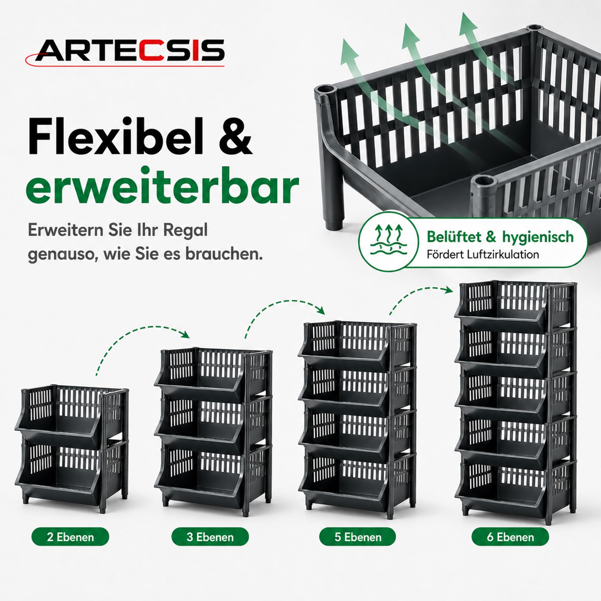 ARTECSIS® Korbregal aus Kunststoff mit 12 Körben stapelbar & modular erweiterbares Stecksystem schwarz 110cm hoch - Kellerregal & Vorratsregal für Lagerung - Abstellraum Steckregal & Lagerregal