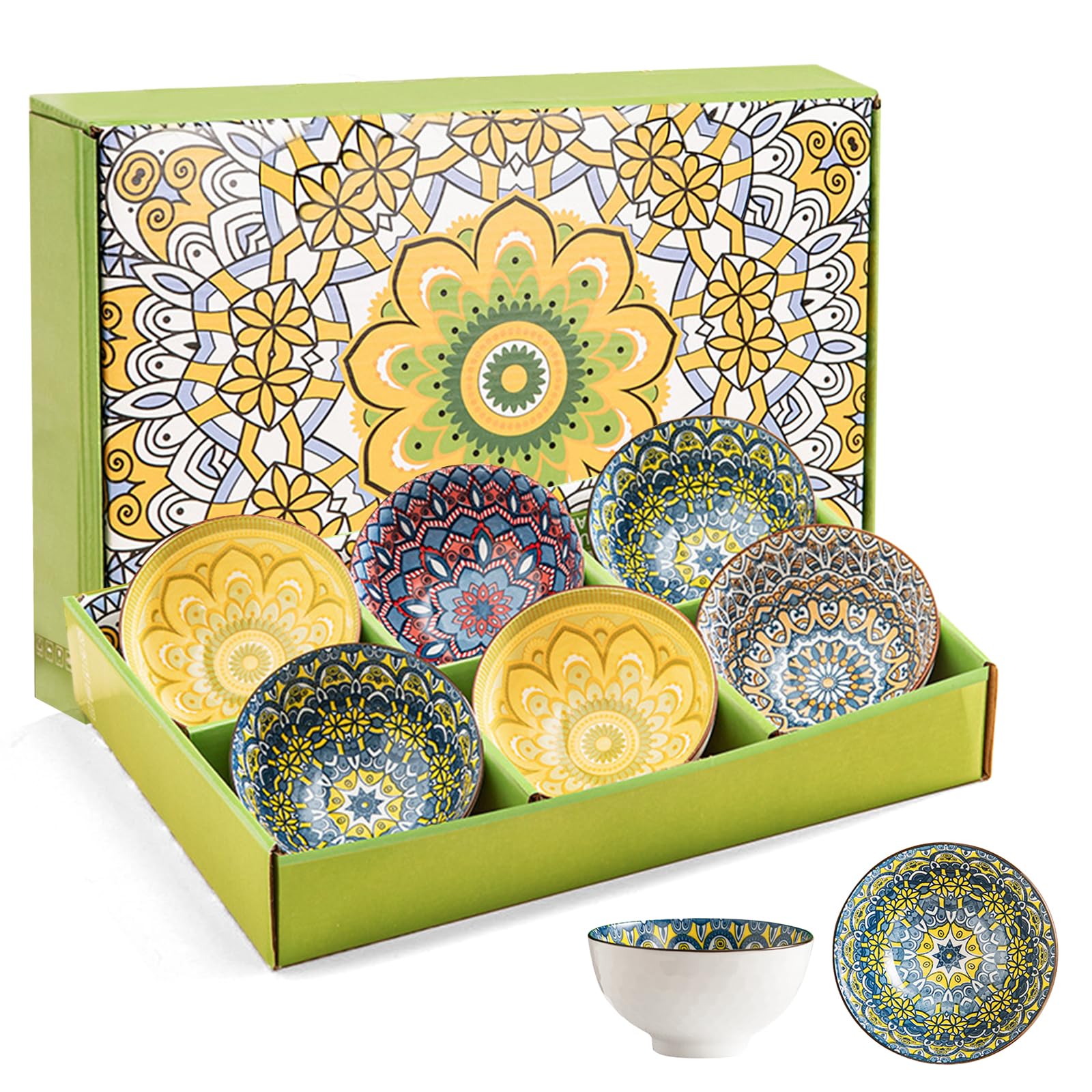 Ceramic Tapas Bowls Set of 6 - Bohemian Style Tapas Dishes, 10oz/300ml Salad Bowl, Decorative Serving Bowls for Dip, Cereal, Soup, Rice, Desserts & Snacks, Dishwasher & Microwave Safe